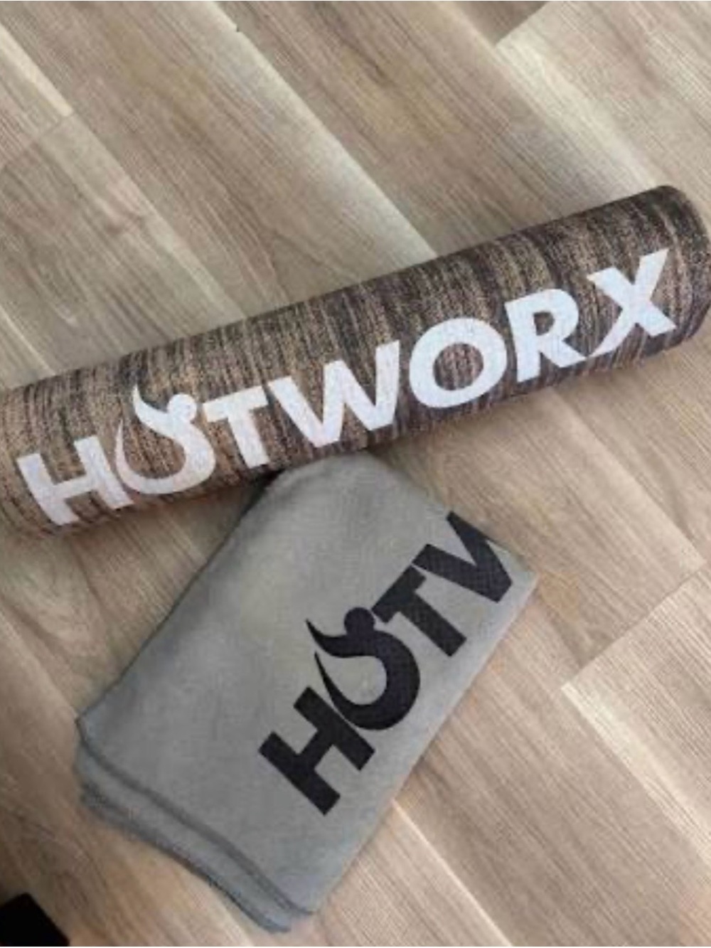 HOTWORX Gray Fitness Towel with Brown Mat Accent, Like New